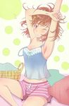  armpits arms_up bad_id bad_pixiv_id basket bed blush bow boxers breasts camisole cleavage hair_ornament hairpin highres kanata_(mizubenisumutori) medium_breasts messy_hair misaka_mikoto nail_polish off_shoulder outstretched_arm pillow pink_nails solo strap strap_slip stretch to_aru_kagaku_no_railgun to_aru_majutsu_no_index underwear waking_up 