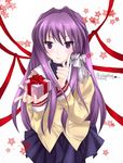  absurdres clannad fujibayashi_kyou gift hair_ribbon highres hikarizaka_private_high_school_uniform holding holding_gift lilithbloody long_hair purple_eyes purple_hair ribbon school_uniform signature simple_background solo 