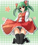  1girl :o alternate_hairstyle ascot black_thighhighs blush breasts clothes_lift commentary_request green_hair head_tilt highres jpeg_artifacts kazami_yuuka kneeling knees_together_feet_apart liya long_skirt no_shoes panties photoshop_(medium) plaid plaid_skirt plaid_vest red_eyes skirt skirt_lift skirt_set small_breasts solo striped_clothes striped_panties thigh_gap thighhighs touhou twintails underwear vest 
