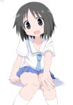  1girl :d absurdres arm_support black_eyes black_hair blue_necktie blue_skirt cynical_(llcbluckg_c004) feet_out_of_frame hand_on_own_knee highres knees_together_feet_apart necktie nichijou school_uniform serafuku shinonome_nano shirt sitting skirt smile solo tokisadame_school_uniform white_background white_serafuku white_shirt 