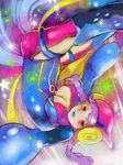  breasts cleavage gen_4_pokemon large_breasts personification pink_eyes pokemon porygon-z purple_hair smile solo star tegaki upside-down 