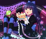  aoji_(aoji-web) bad_id bad_pixiv_id blue_eyes blue_hair blue_legwear bow cake chuck_(psg) dress eating food hair_bow long_hair panty_&amp;_stocking_with_garterbelt pantyhose stocking_(psg) striped striped_legwear 