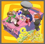  2girls afro amagi_yukiko car derivative_work ground_vehicle hanamura_yousuke kuma_(persona_4) motor_vehicle multiple_boys multiple_girls narukami_yuu orendi panty_&amp;_stocking_with_garterbelt parody persona persona_4 satonaka_chie school_uniform style_parody 