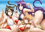  animal_ears asobi_ni_iku_yo! ass bad_id bad_pixiv_id bell bell_collar bikini black_hair breasts collar durel eris_(asobi_ni_iku_yo!) front-tie_top glasses huge_breasts kuune long_hair lying multiple_girls navel on_side orange_hair paw_pose purple_hair short_hair smile swimsuit tail untied yamakumo 