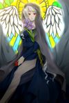  axis_powers_hetalia breasts cloak cross dress flower genderswap genderswap_(mtf) highres jewelry long_hair medium_breasts necklace prussia_(hetalia) red_eyes silver_hair solo stained_glass sword tokino_mitsuru very_long_hair weapon 