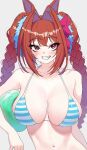  1girl acaa animal_ears ball bikini breasts clenched_teeth daiwa_scarlet_(umamusume) grey_background highres holding holding_ball horse_ears horse_girl large_breasts looking_at_viewer red_eyes red_hair simple_background smile solo striped_bikini striped_clothes swimsuit teeth umamusume 