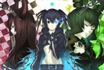  bad_id bad_pixiv_id bikini_top black_gold_saw black_hair black_rock_shooter black_rock_shooter_(character) blue_eyes burning_eye chain churayuki coat dead_master green_eyes horns long_hair midriff multiple_girls navel pale_skin red_eyes scar shorts smile twintails 