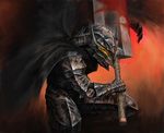  armor berserk berserker_armor black_armor blood cape clawed_gauntlets douzen dragonslayer_(sword) guts male_focus solo sword weapon 