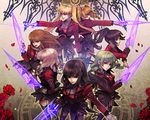  asmodeus beelzebub belphegor black_hair blonde_hair brown_hair flowers garter_belt green_hair leviathan long_hair lucifer mammon petals red_eyes rose satan seifuku tie twintails umineko_no_naku_koro_ni weapon 