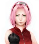  bad_id bad_pixiv_id clenched_hand forehead_protector gloves green_eyes hairband haruno_sakura headband kikutake_ranmaru naruto naruto_(series) pink_hair realistic short_hair simple_background smile solo upper_body zipper 