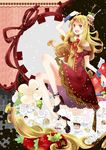  apple blonde_hair cake cake_hat cherry dress fang flower food food_as_clothes food_themed_clothes fruit hat high_heels highres long_hair open_mouth original pastry purple_eyes shoes solo tomoshibi_(vdn) 