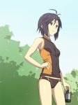  antenna_hair bad_id bad_pixiv_id bare_shoulders bikini bottle idolmaster idolmaster_(classic) idolmaster_2 kikuchi_makoto lowleg lowleg_bikini sleeveless solo sports_bikini supepepe swimsuit water_bottle 