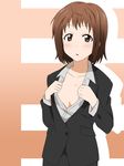  :o blush brown_eyes brown_hair business_suit face formal ikari_manatsu no_bra open_clothes open_mouth open_shirt shirt short_hair solo suit takanashi_nazuna working!! 