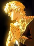  1boy black_jacket blonde_hair blue_eyes chinese_commentary closed_mouth commentary_request erhuazi917 from_side ginga_eiyuu_densetsu hair_between_eyes highres jacket light_smile long_sleeves looking_ahead male_focus military_jacket military_uniform own_hands_together palms_together profile reinhard_von_lohengramm short_hair solo 