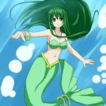  armlet beads bracelet bubble earrings floating_hair foreshortening green_eyes green_hair groin jewelry long_hair looking_at_viewer mermaid mermaid_melody_pichi_pichi_pitch miru monster_girl necklace outstretched_arms pendant seashell serious shell shell_bikini solo spread_arms touin_rina underwater 