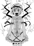  :d crazy_eyes crystal explosion fangs flandre_scarlet greyscale kannazuki_hato monochrome open_mouth short_hair simple_background smile solo touhou wings 