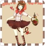  alcohol animal_ears apple argyle argyle_legwear bad_id bad_pixiv_id basket blue_eyes bottle cat_ears cat_tail fang food fruit green_eyes heart hood little_red_riding_hood original pun2 simple_background skirt solo standing tail wine 