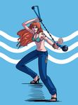  bangle bikini_top bracelet clima-tact compass denim earrings feriowind high_heels jeans jewelry log_pose long_hair nami_(one_piece) one_piece orange_hair pants sandals shoes simple_background solo tattoo weapon 