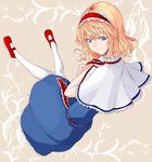  alice_margatroid blonde_hair blue_eyes bow capelet face hairband looking_back pantyhose sabiirodoramu short_hair smile solo touhou white_capelet white_legwear 