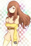  brown_eyes brown_hair d: eyepatch highres i.u.y jacket long_hair mugino_shizuri open_mouth pantyhose prosthesis scarf solo to_aru_majutsu_no_index yellow_legwear 