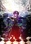  alternate_costume black_dress book bow checkered checkered_floor crescent crossed_legs dress elbow_gloves gloves hair_bow hand_in_hair hat highres library long_hair organ_derwald patchouli_knowledge purple_eyes reading red_eyes sitting solo star touhou voile 