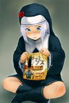  bad_id bad_pixiv_id bag blue_eyes blue_hair boku_wa_tomodachi_ga_sukunai crossed_legs gon_freecss habit heart hunter_x_hunter jewelry looking_at_viewer necklace nun okazun open_mouth sitting socks solo takayama_maria 