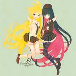  2girls bad_id bad_pixiv_id blonde_hair blue_hair green_eyes hat honekoneko_(psg) long_hair multicolored_hair multiple_girls necktie panties panty_&_stocking_with_garterbelt panty_(psg) panty_pull pechika pink_hair plaid plaid_skirt school_uniform siblings sisters skirt stocking_(psg) striped_clothes striped_thighhighs stuffed_animal stuffed_cat stuffed_toy thighhighs underwear wings 