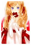  axis_powers_hetalia blonde_hair canada_(hetalia) covering_mouth dress genderswap genderswap_(mtf) hair_ornament hair_ribbon hairclip leaf long_hair maple_leaf purple_eyes ribbon rokujou_(sakakixsakaki) solo twintails 