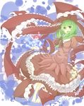  barefoot bow foreshortening frills front_ponytail green_eyes green_hair hair_bow kagiyama_hina long_hair makino_(katasumi) ribbon solo touhou 