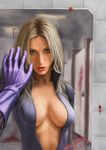  blonde_hair blood breasts breasts_apart center_opening cleavage female_pov gloves jill_valentine large_breasts lips long_hair mirror nagumo_(qmzp10) open_clothes open_shirt pov realistic reflection resident_evil shirt solo veins 