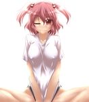  between_legs blush breasts covered_nipples crossed_legs hair_bobbles hair_ornament hand_between_legs large_breasts legs one_eye_closed onozuka_komachi red_eyes red_hair shirt short_hair shorts simple_background sitting smile solo touhou two_side_up white_shirt yoshi_tama 