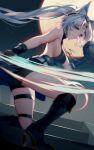  1girl animal_ear_fluff animal_ears bare_shoulders belt black_footwear black_gloves black_shorts blue_eyes blue_shirt breasts closed_mouth clothes_around_waist commentary feixiao_(honkai:_star_rail) forehead_jewel fox_ears fox_girl gloves highres holding honkai:_star_rail honkai_(series) large_breasts looking_at_viewer night night_sky no_coat object_request on_one_knee parted_bangs rimuu shirt shorts sideboob sidelocks sky smile solo white_belt 