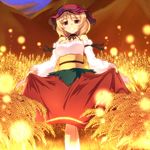  aki_minoriko alternate_costume bare_shoulders blonde_hair breasts choker cleavage crossed_legs curtsey detached_sleeves dress grin hat looking_at_viewer medium_breasts mountain red_eyes saemon_(tonpura) skirt skirt_hold smile solo sunset touhou watson_cross wheat 