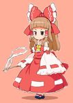  ascot bow brown_eyes brown_hair detached_sleeves dress gohei hair_bow hakurei_reimu mary_janes randou shoes short_hair solo touhou 