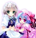  bad_id bad_pixiv_id bat_wings blue_hair braid green_eyes hat holding_hands izayoi_sakuya kosuzume maid maid_headdress multiple_girls purple_eyes remilia_scarlet silver_hair touhou twin_braids wings wrist_cuffs 