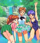  bun_cover double_bun hayasaka_akira highres mana_(super_real_mahjong) multiple_girls one-piece_swimsuit serizawa_kasumi super_real_mahjong swimsuit tanaka_ryou water waterfall 