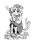  animal_ears cat's_tongue cat_ears cat_tail chen earrings fang fish greyscale hat jewelry kannazuki_hato monochrome multiple_tails short_hair simple_background slit_pupils solo stick tail touhou 