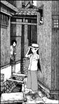  bag black_hair blanket building dress_shirt fujiyoshi_harumi glasses greyscale handbag hasunemachi hat highres kitsu_chiri komori_kiri long_hair long_skirt monochrome multiple_girls peeking perspective sayonara_zetsubou_sensei shirt skirt stream 