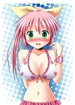  bikini blush breasts cleavage food frilled_bikini frills fruit green_eyes hair_ribbon hana_(pangya) image_sample large_breasts long_hair minami_shinju navel pangya pink_hair pixiv_sample ribbon skirt solo strawberry swimsuit 