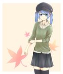  akisa alternate_costume bad_id bad_pixiv_id black_legwear blue_eyes blue_hair cabbie_hat casual contemporary hair_bobbles hair_ornament hat kawashiro_nitori leaf short_hair skirt sleeves_pushed_up smile solo sweater thighhighs touhou twintails two_side_up zettai_ryouiki 