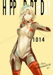  bad_id bad_pixiv_id biker_clothes bikesuit blonde_hair blue_eyes bodysuit breasts center_opening cleavage durarara!! highres large_breasts melo navel solo unzipped vorona 