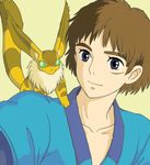  ashitaka blue_eyes brown_hair emi_(green_wave) kaze_no_tani_no_nausicaa male_focus mononoke_hime simple_background smile teto 