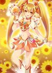  bad_id bad_pixiv_id blonde_hair boots bow choker cure_sunshine floral_background heartcatch_precure! highres hoe_satsuki instrument knee_boots long_hair magical_girl myoudouin_itsuki orange_(color) orange_bow orange_choker orange_skirt potpourri_(heartcatch_precure!) precure shiny_tambourine skirt tambourine twintails very_long_hair yellow_background 