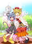  adapted_costume animal_ears blonde_hair cosplay disney gloves grey_hair hair_ornament kemonomimi_mode masuyama_kei mickey_mouse mickey_mouse_(cosplay) mouse_ears mouse_tail multiple_girls nazrin red_eyes rocket_ship short_hair space_craft tail tiger_ears toramaru_shou touhou v yellow_eyes 