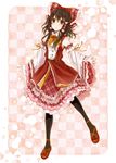  1girl alternate_costume bad_id bad_pixiv_id bare_shoulders belt black_pantyhose blush bow bowtie brown_eyes brown_hair collared_dress detached_sleeves dress frilled_bow frilled_dress frills hair_bow hair_tubes hakurei_reimu highres long_hair multicolored_clothes multicolored_dress orange_bow orange_bowtie pantyhose plaid plaid_bow plaid_dress plaid_skirt red_bow red_dress red_footwear red_skirt skirt sleeveless sleeveless_dress smile solo touhou yocchin 