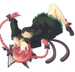  animal_ears bow braid cat_ears cat_tail extra_ears hair_bow kaenbyou_rin looking_at_viewer lying multiple_tails nanashi_(soregashi) no_socks on_back paw_pose red_eyes red_hair simple_background solo tail touhou twin_braids twintails upside-down 