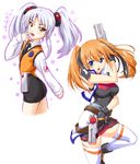  blue_eyes blue_hair cross_mirage dual_wielding gloves gun hal_(21) holding hoshino_ruri kidou_senkan_nadesico long_hair looking_back lyrical_nanoha mahou_shoujo_lyrical_nanoha_strikers military military_uniform multiple_girls orange_hair pencil_skirt skirt teana_lanster thighhighs twintails uniform weapon yellow_eyes 