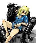  1girl aikawa_(dorohedoro) bad_id bad_pixiv_id bare_legs barefoot blonde_hair bodysuit dorohedoro looking_to_the_side mask nikaidou_(dorohedoro) shiro_tebukuro_r short_hair short_sleeves simple_background sitting white_background 