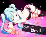  aqua_hair bad_id bad_pixiv_id boots eyeshadow hatsune_miku long_hair lying makeup midriff on_side red_eyes shitsuren_banchou_tea smile solo sweet_devil_(vocaloid) tail thigh_boots thighhighs twintails vocaloid 