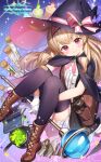  1girl blonde_hair blush boots brown_footwear cape closed_mouth company_name copyright_name copyright_notice cross-laced_footwear flat_chest full_body gloves hairband hat hat_ribbon highres light_smile little_witch_nobeta logo long_hair looking_at_viewer nobeta nobeta_(witch_skin) official_art phyllis_(cat)_(little_witch_nobeta) phyllis_(little_witch_nobeta) purple_cape purple_thighhighs red_eyes red_hairband ribbon ryota_(ry_o_ta) sitting solo thighhighs very_long_hair white_gloves witch_hat zettai_ryouiki 